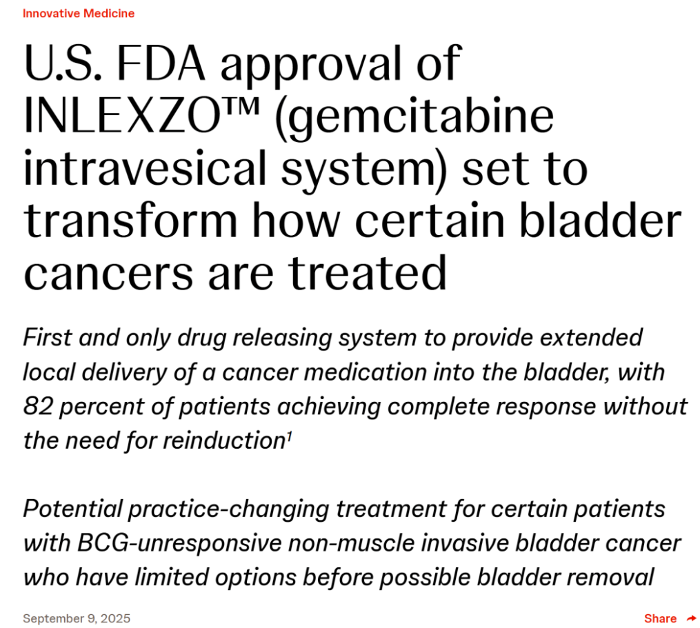 强生突破性疗法INLEXZO获FDA批准，用于治疗拒绝膀胱切除术的NMIBC患者