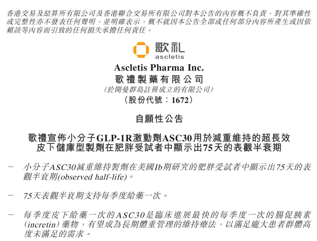 歌礼制药ASC30展示突破性减重维护效果：每季度1次给药成新亮点