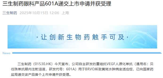 三生制药601A眼科新药上市申请正式获受理