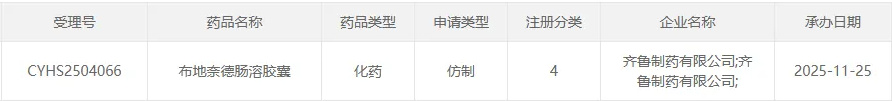齐鲁制药提交布地奈德肠溶胶囊仿制药上市申请